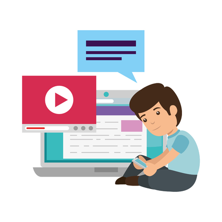 little schoolboy with laptop computer vector illustration designのイラスト素材