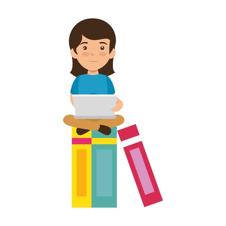 little schoolgirl with laptop and books vector illustration designのイラスト素材