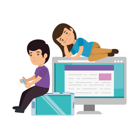 kids couple with desktop and computer vector illustration designのイラスト素材