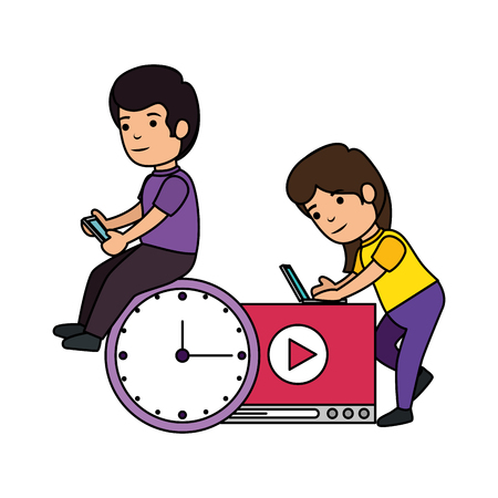 kids couple with clock and media player vector illustration designのイラスト素材