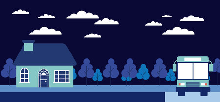 night trees house stop bus vector illustrationのイラスト素材