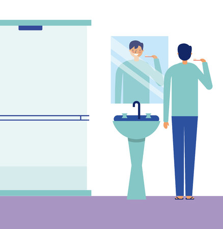 boy brushing teeth daily activity vector illustrationのイラスト素材