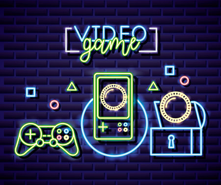 neon video game sign controls chest coins vector illustrationのイラスト素材