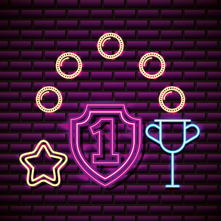 trophy neon number one coins stars video game vector illustrationのイラスト素材