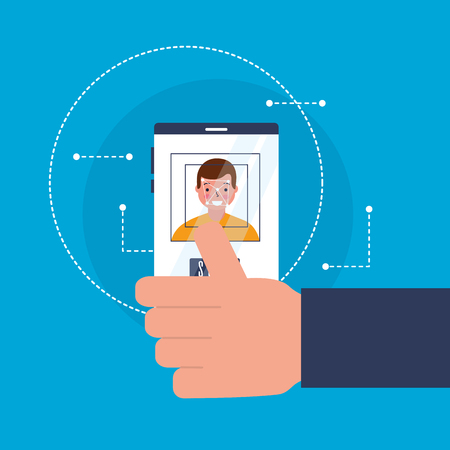 hand with mobile face scan man vector illustrationのイラスト素材