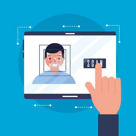 hand with mobile face scan man vector illustrationのイラスト素材