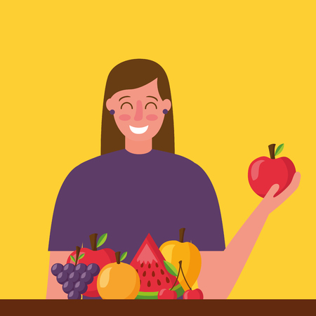 woman holding apple healthy food grapes mango watermelon cherry vector illustrationのイラスト素材