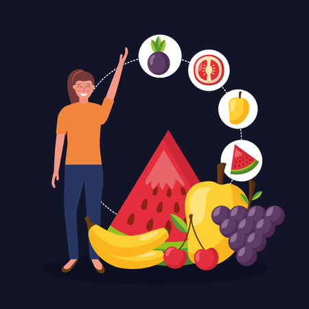 girl with healthy food watermelon mango grapes bananas mango cherry vector illustrationのイラスト素材