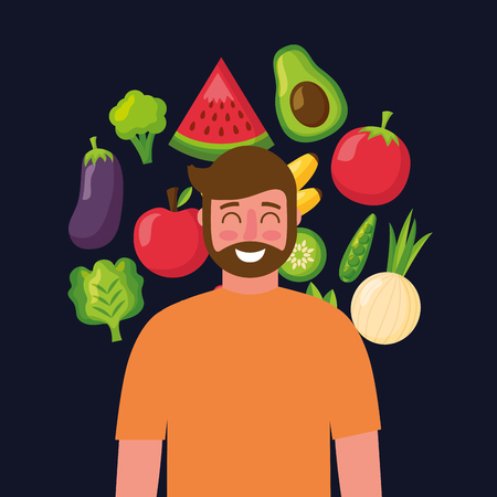 healthy food beard man smiling watermelon avocado tomato onion lettuce vector illustrationのイラスト素材
