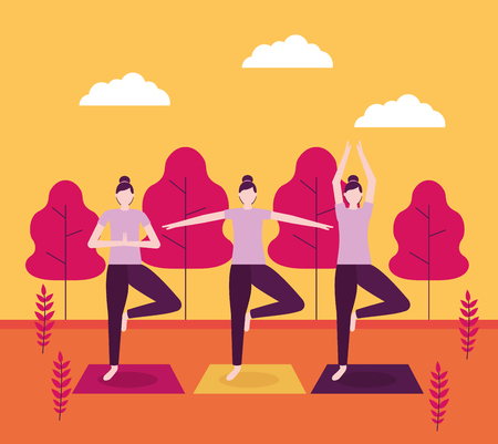 sunset park collage woman yoga activity vector illustrationのイラスト素材