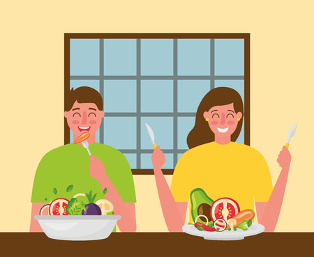 woman and man eating restaurant healthy food vector illustrationのイラスト素材