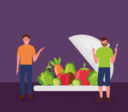 healthy food plate man and woman delicious vector illustrationのイラスト素材
