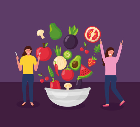 girls smiling hands up plate healthy food vector illustrationのイラスト素材
