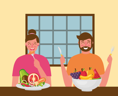 couple smiling eating healthy food vector illustrationのイラスト素材
