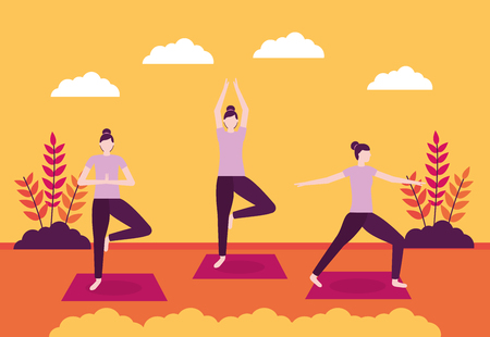fresh woman enjoy outdoor yoga activity vector illustrationのイラスト素材