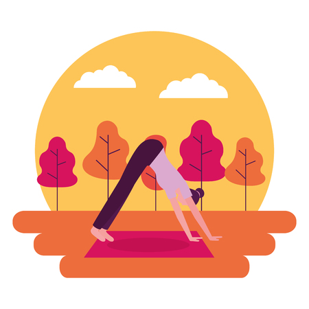 yoga activity sunset clouds park sticker woman vector illustrationのイラスト素材