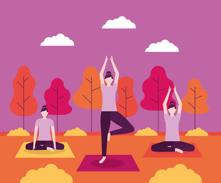 yoga activity trees park outdoor woman relaxation vector illustrationのイラスト素材