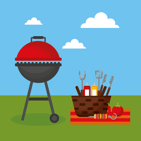 grill barbecue basket utensils food sauces picnic vector illustrationのイラスト素材