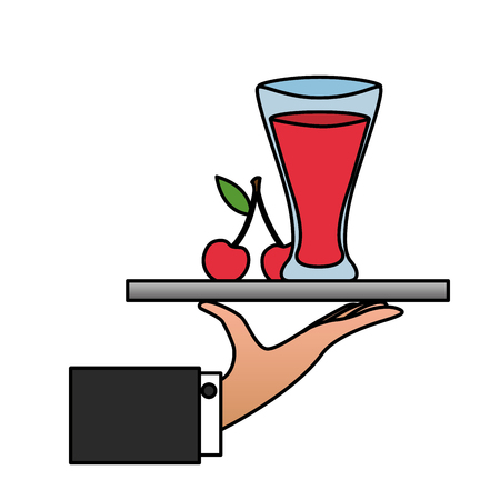 tray hand cherry juice glass cup vector illustrationのイラスト素材