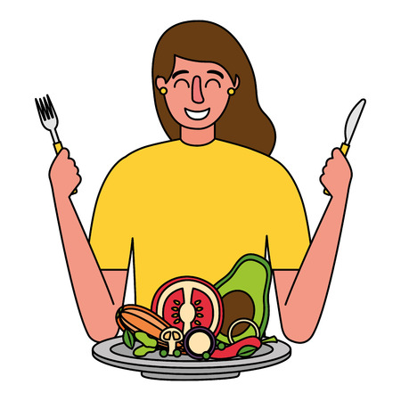woman with fork and knife vegetable healthy food vector illustrationのイラスト素材