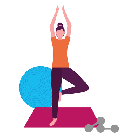 woman making yoga with mat and dumbbells vector illustrationのイラスト素材