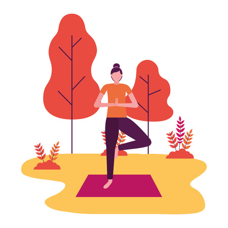woman practicing yoga on mat in the park vector illustrationのイラスト素材