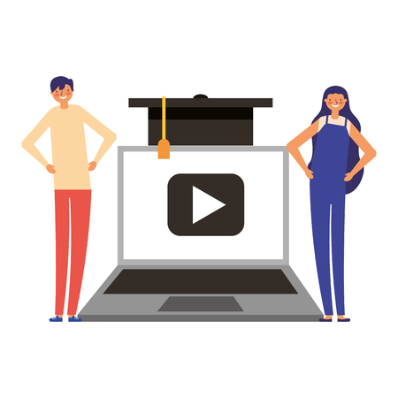 man and woman students laptop graduation hat vector illustrationのイラスト素材