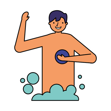 smiling man taking shower with sponge vector illustrationのイラスト素材