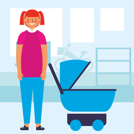 teenager with baby pram in the room vector illustrationのイラスト素材