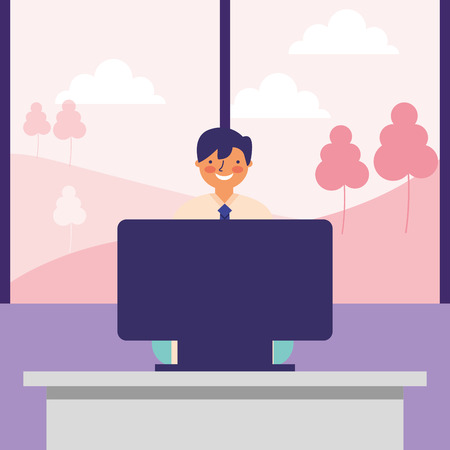 business man working computer window outdoors vector illustrationのイラスト素材