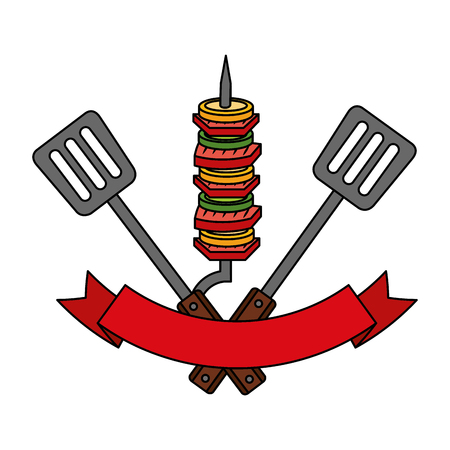 grill barbecue skewers spatulas and ribbon vector illustrationのイラスト素材