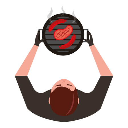 man holdingbarbecue grill with sausages and meat vector illustrationのイラスト素材