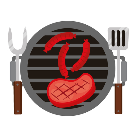 barbecue grill meat sausages and fork spatula vector illustrationのイラスト素材
