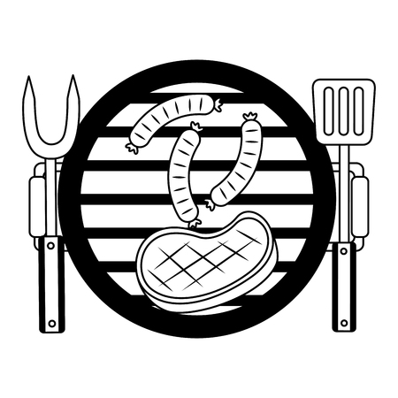 barbecue grill meat sausages and fork spatula vector illustrationのイラスト素材