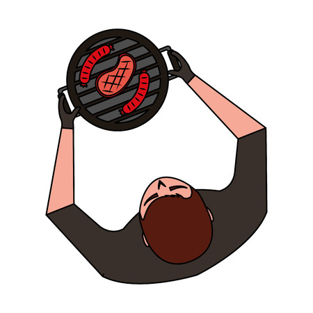 man holdingbarbecue grill with sausages and meat vector illustrationのイラスト素材