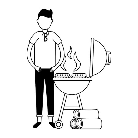 man withbarbecue grill sausages and wooden vector illustrationのイラスト素材