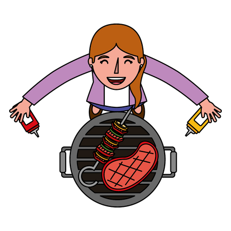 woman looking up with barbecue grill vector illustrationのイラスト素材