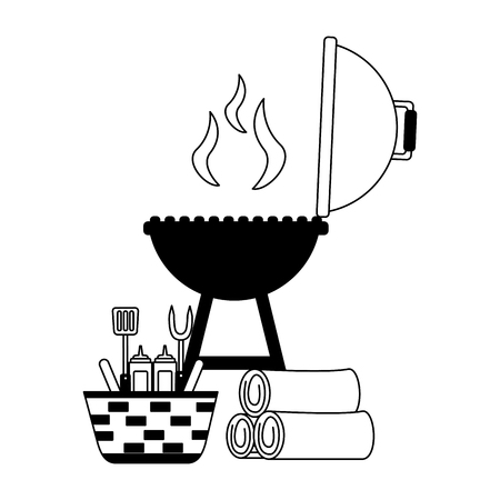 wicker basket barbecue grill wooden utensils vector illustration vector illustrationのイラスト素材