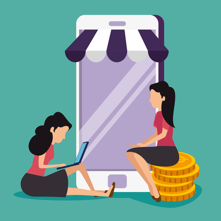 women with smartphone and taptop technology to online sale vector illustrationのイラスト素材