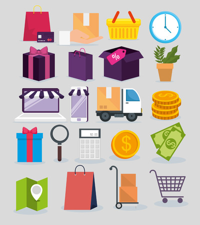 set shopping online with delivery service location vector illustrationのイラスト素材
