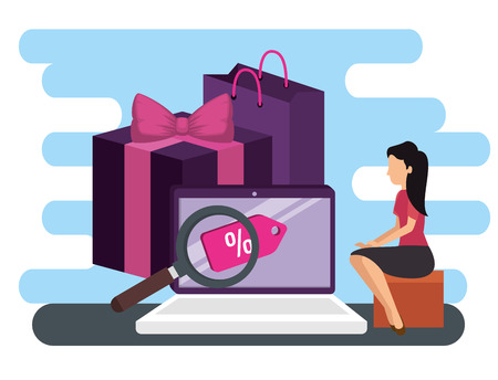 woman and laptop ecommerce with packages online market vector illustrationのイラスト素材