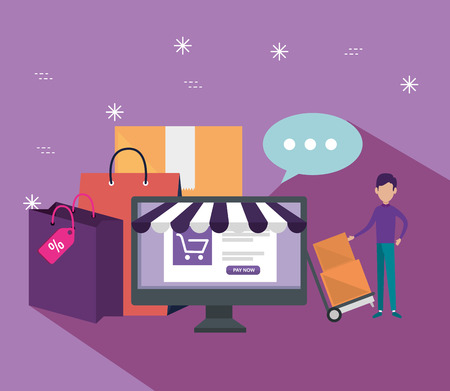 shopping online with computer and ecommerce sale vector illustrationのイラスト素材