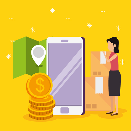 woman with smartphone ecommerce technology and location vector illustrationのイラスト素材