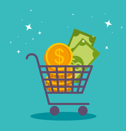 shopping online cart with bills and coins vector illustrationのイラスト素材