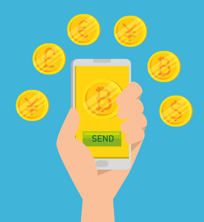 bitcoin currency virtual in the smartphone connection vector illustrationのイラスト素材