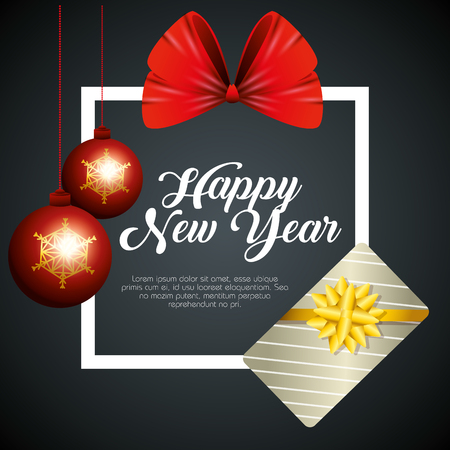 new year frame with ribbon bow and christmas balls with present vector illustrationのイラスト素材