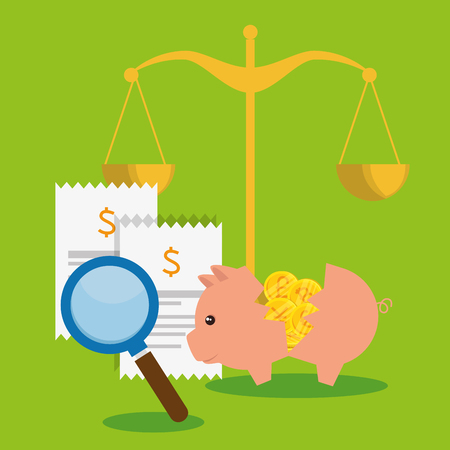 business dollar with bitcoin currency and magnifying glass vector illustrationのイラスト素材