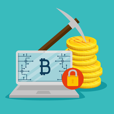 laptop with bitcoin electronic currency and coins vector illustrationのイラスト素材