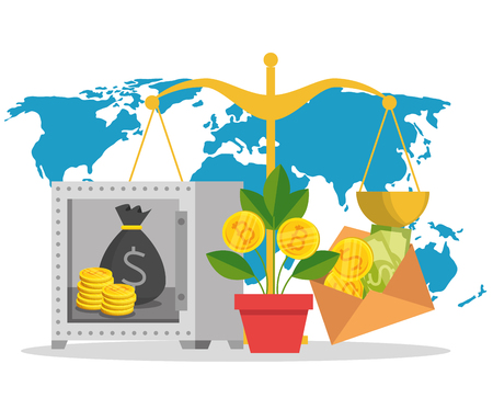 global international money and bitcoin currency vector illustrationのイラスト素材