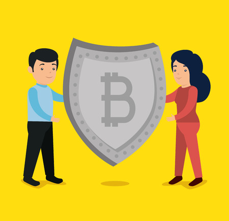 woman and man with bitcoin currency shield vector illustrationのイラスト素材